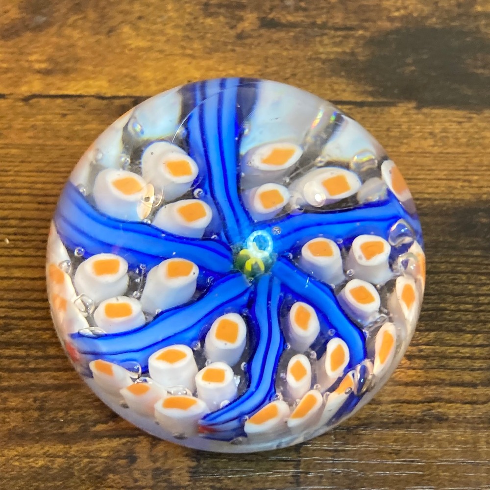 Vintage Millefiori Art Glass Paperweight Blue Swirl Orange White Canes Star 2.75
